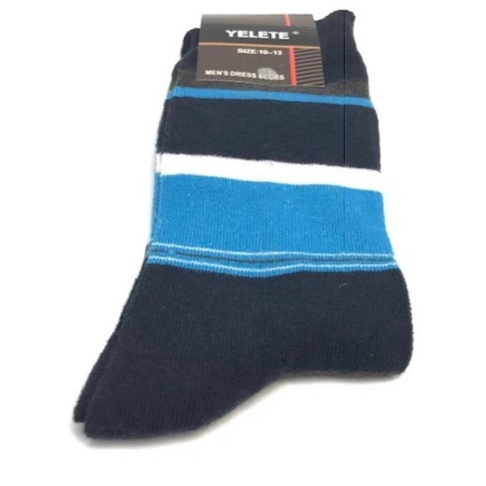 Yelete Men's Socks Navy Turquoise White Striped Cotton Polyester Size 10 - 13